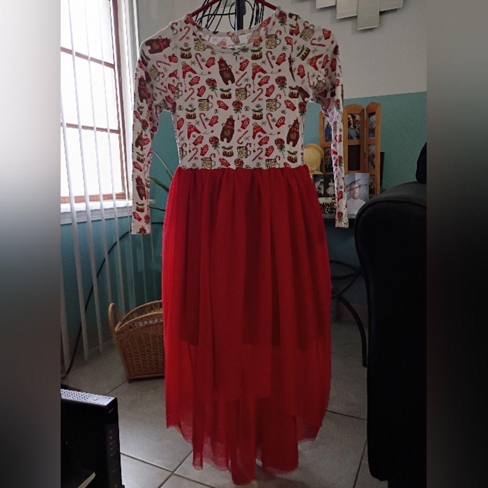 Red and White Long Sleeve Dress with Bear Print Size 9